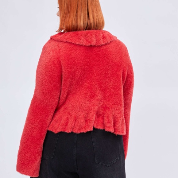 NEW CIDER RED SOLID FLUFFY BELL SLEEVE KNIT CROPPED CARDIGAN - Picture 5 of 7